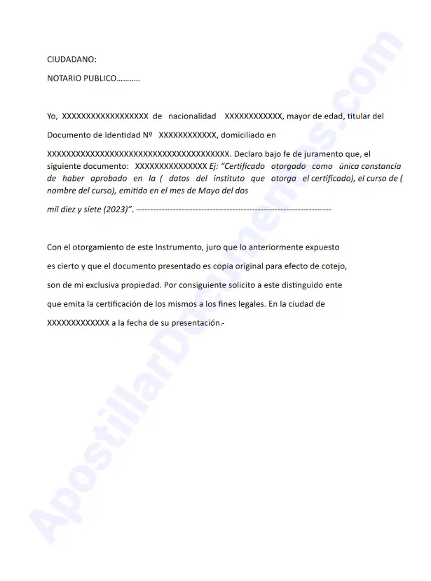 Ejemplo de Modelo de declaración jurada para apostillar documentos